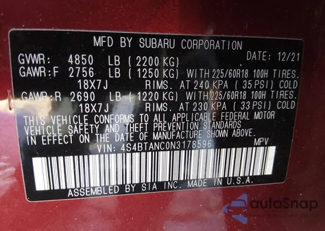 2022 Subaru Outback Limited from USA, damaged, VIN 4S4BTANC0N3178596